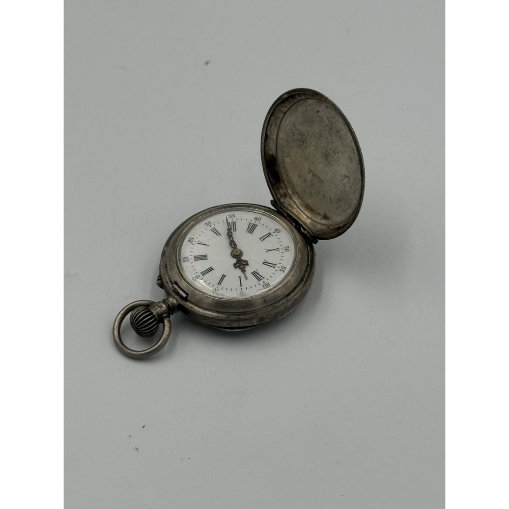 Antique Swiss 800 Silver Hunter Case Pocket Watch Engraved Swan Roman Numeral